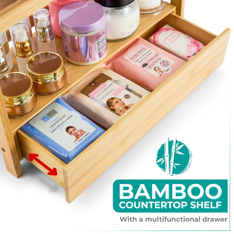 Sorbus Bamboo Bathroom Counter Organizer – 2-Tier Shelf with Hidden Drawer - 13.12" L x 6.37" W x 12.62" H