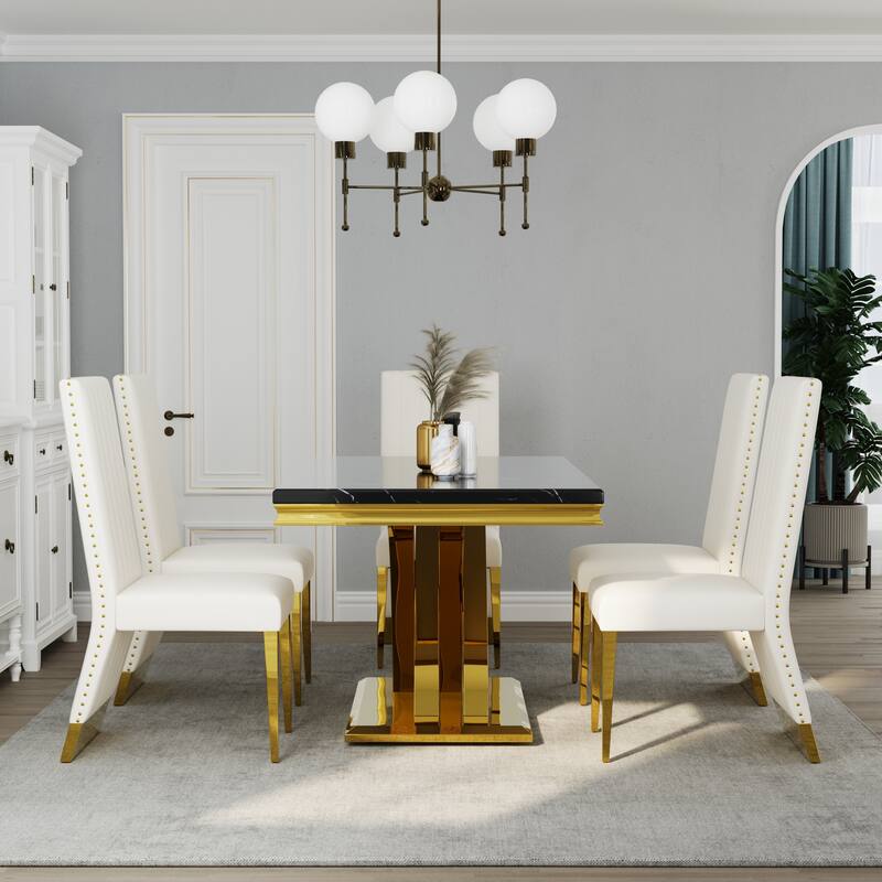 Stylish Modern X Cross Base Dining Room Table Set with Gold Dining Chairs