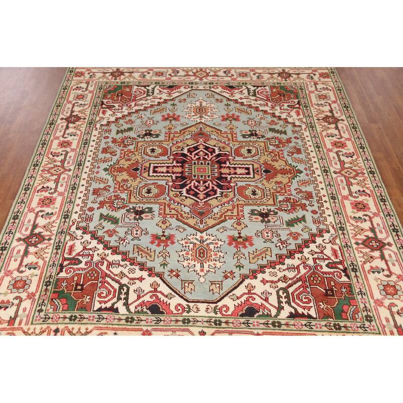 Light Blue Medallion Heriz Serapi Indian Rug Hand-Knotted Wool Carpet - 7'11" x 9'10"
