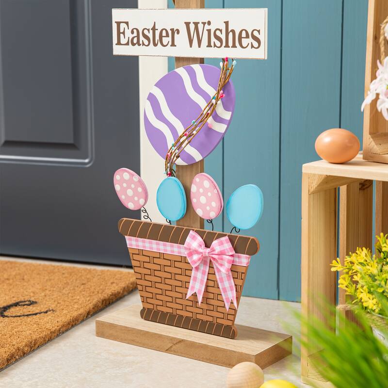 Glitzhome Wooden Happy Easter Bunny Eggs Porch Sign Standing Decor Spring Gift