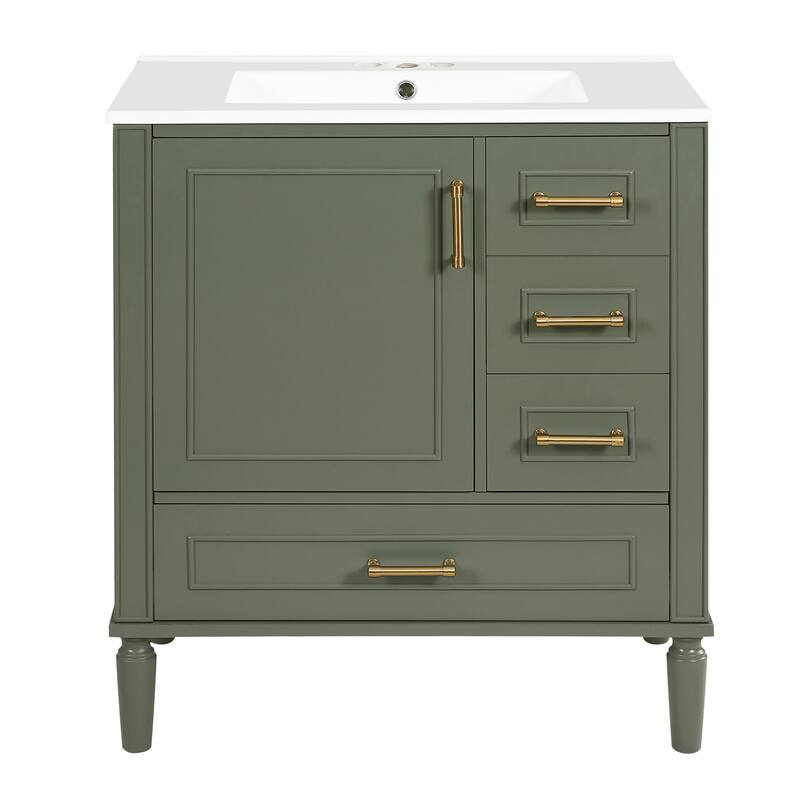 30" Freestanding Single Sink Storage Cabinet Bathroom Vanity with Gold Handles, Groove Decoration and Overflow Drain Protectio