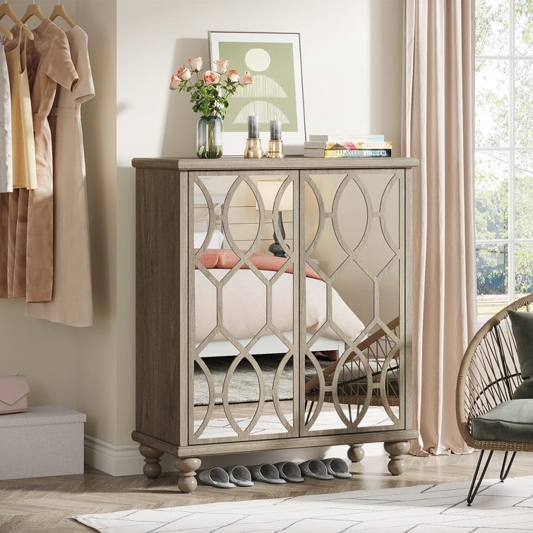 Mirror Shoe Cabinet, 5-Tier Large Wooden Shoe Organizer Cabinet - 31.49" W x 14.17" D x 43.30" H