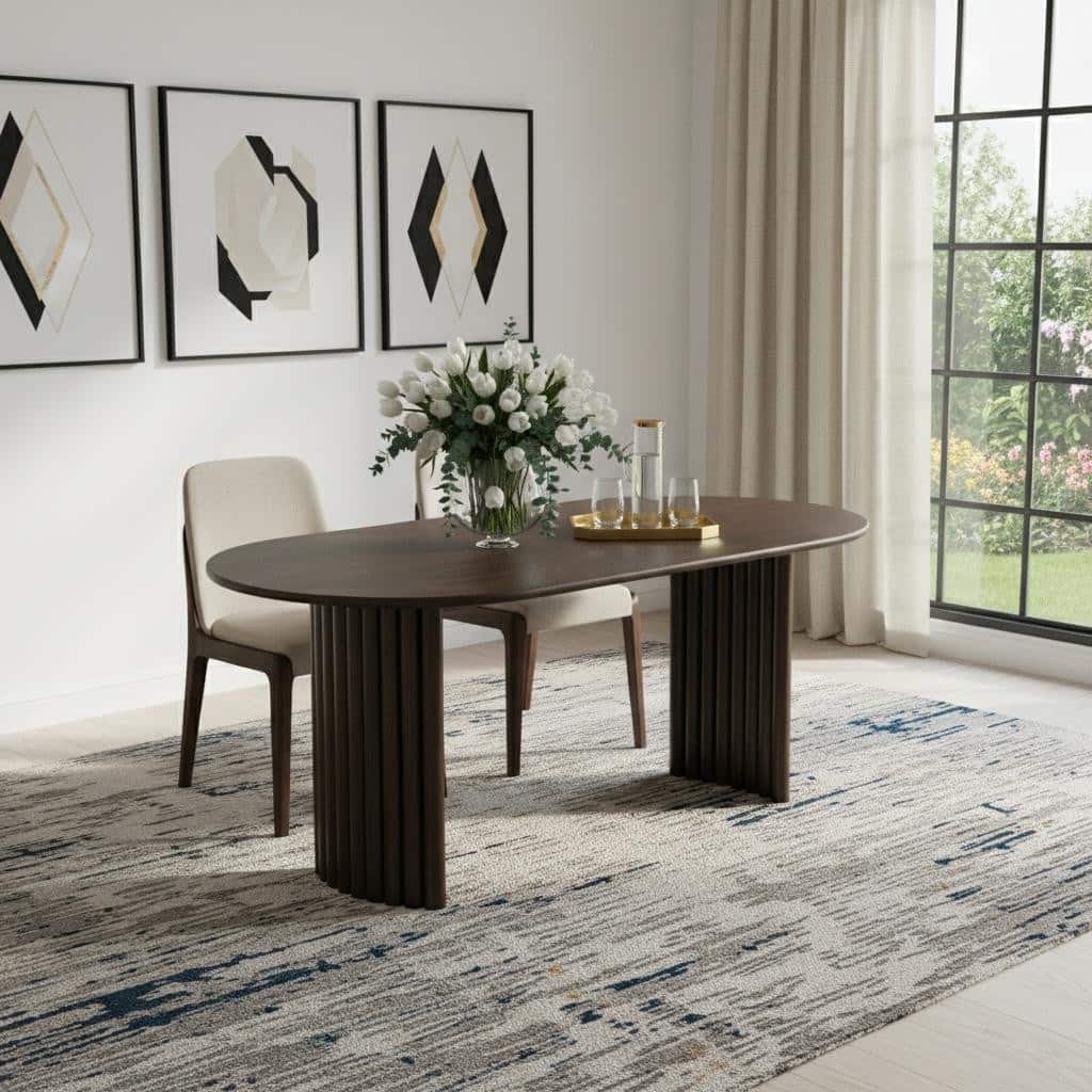 HomeRoots 79" Walnut Solid Wood Double Pedestal Base Oval Dining Table - 79.00 in. x 30.00 in. x 33.50 in.