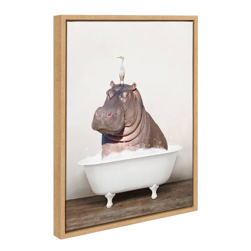 Kate and Laurel Hippo Bird Rustic Bath Framed Canvas by Amy Peterson - Natural