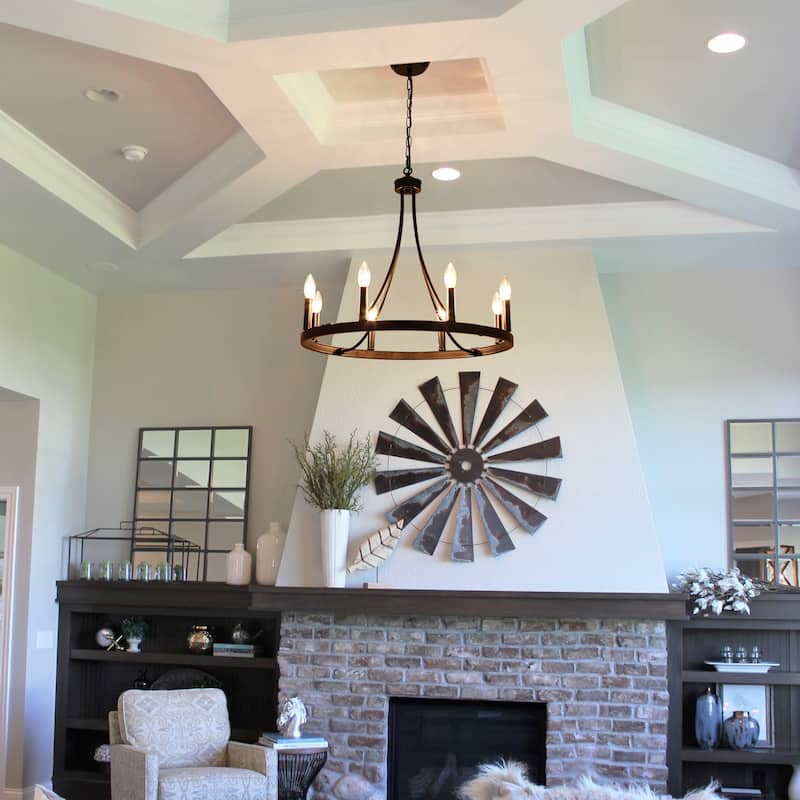 8-Light W23.6" x H82.67" Vintage Rustic Wagon Wheel Chandelier for Living Room