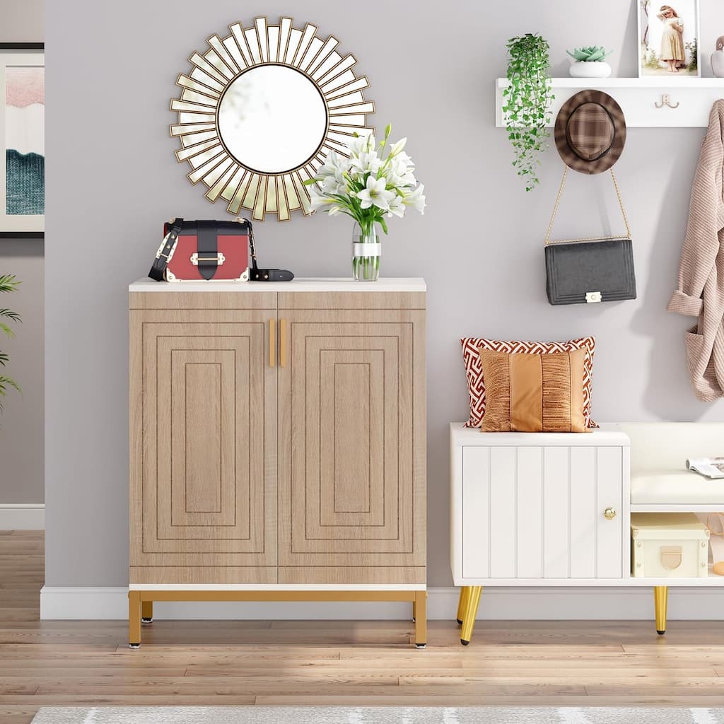 31" White & Natural Wooden Shoe Cabinet, 5 Tiers