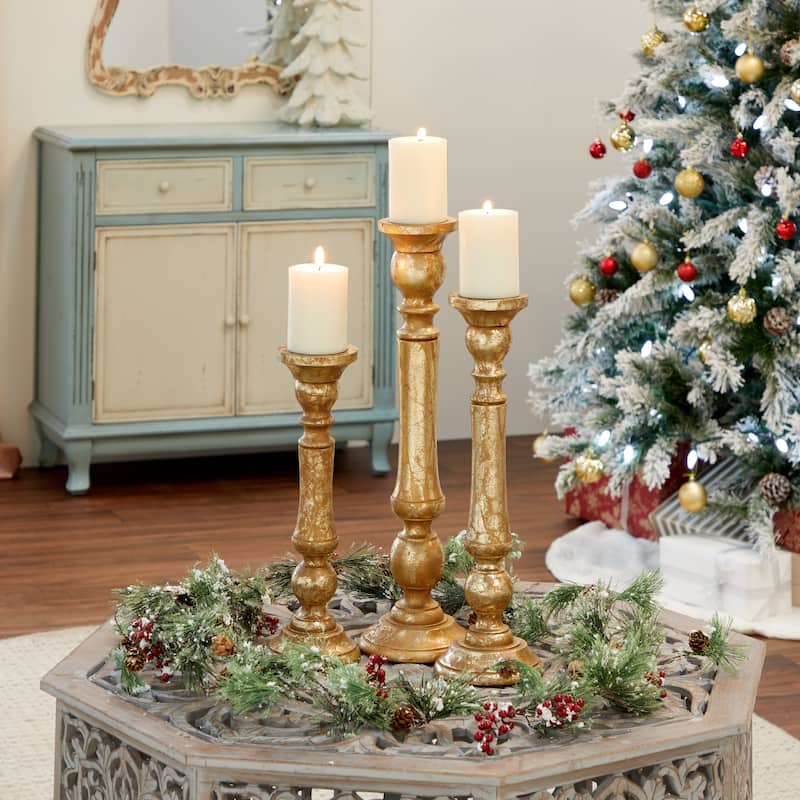 Mango Wood Candle Holder - Set of 3 Gold - Roche River Decor - 6"W x 6"L x 21"H