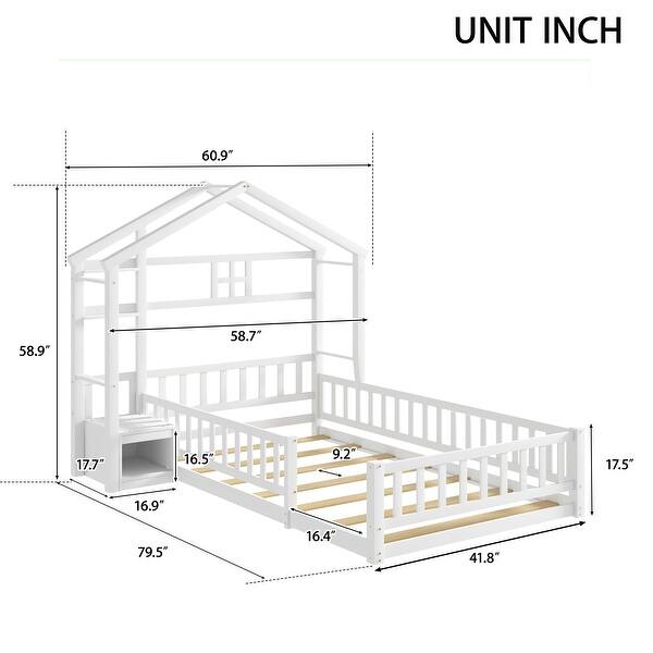 dimension image slide 1 of 2, Twin Size House-Style Headboard Floor Bed with Built-in Stand, Guardrails, and Slats Support