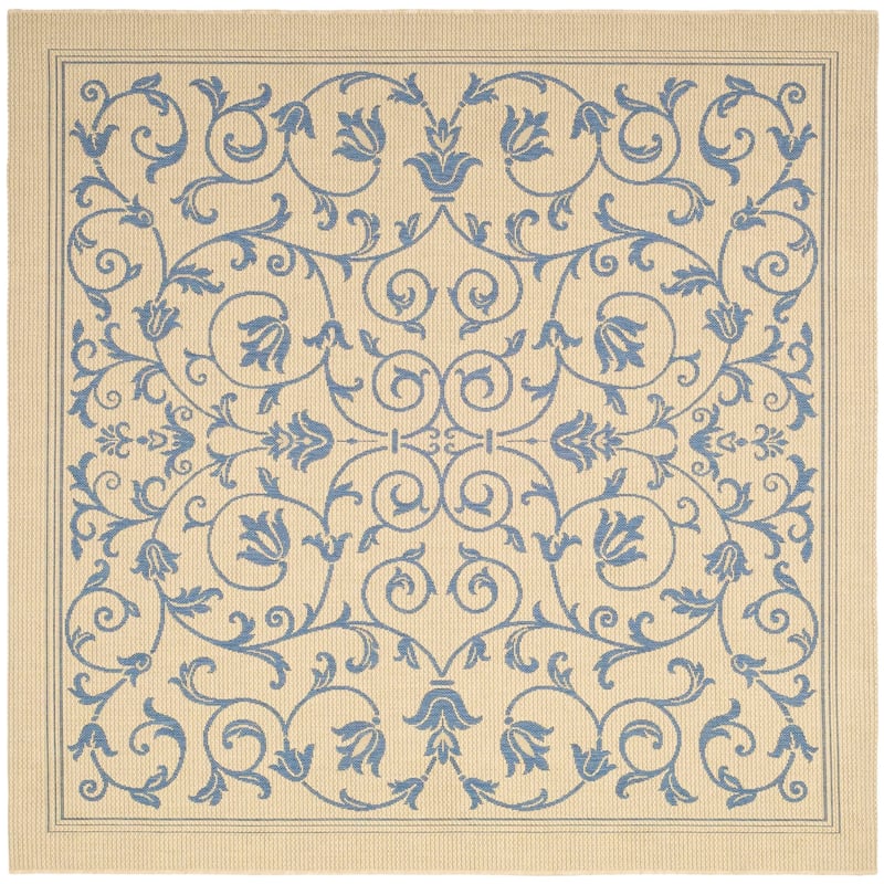 SAFAVIEH Courtyard Clarine Indoor/ Outdoor Waterproof Patio Backyard Rug - 7'10" Square - Natural/Blue