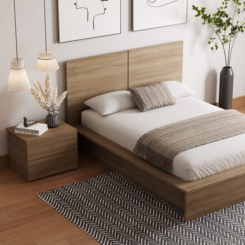 James 3-Piece Bedroom Set with Bed, Headboard, and Nightstand - Brown Oak - Full