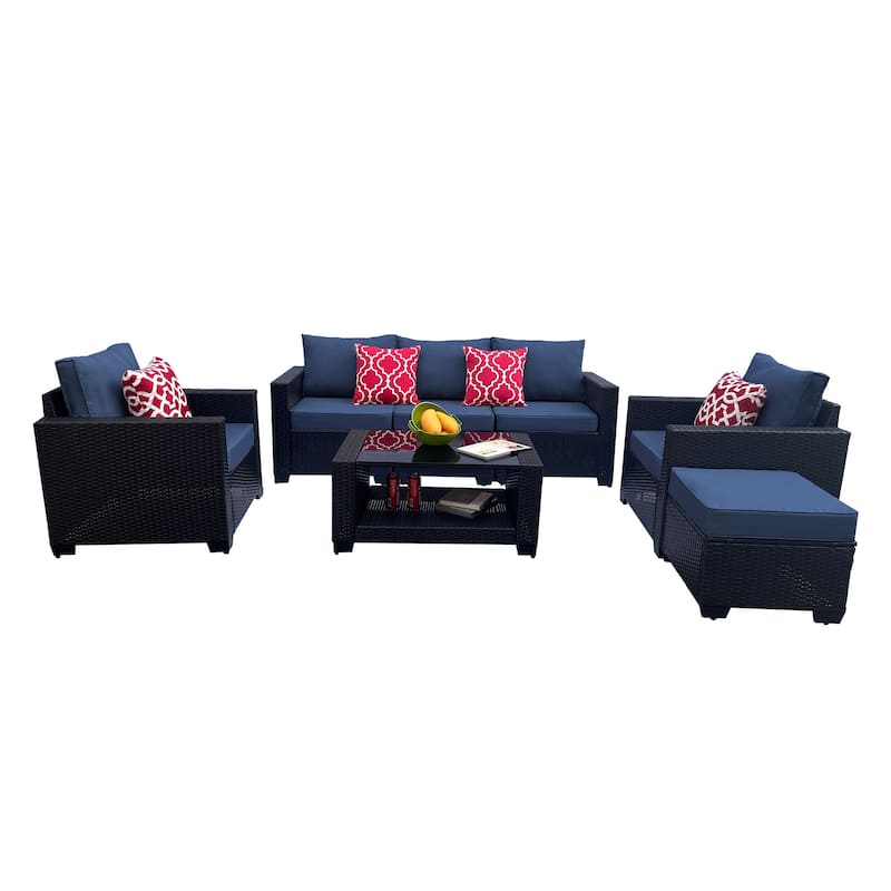 7 Piece Patio Furniture Set, Outdoor PE Rattan Wicker Sectional Sofa Set with 2 Sofa Chairs and Tempered Glass Table