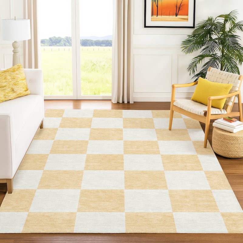 Machine Washable Indoor/ Outdoor Modern Checker Chantille Rug
