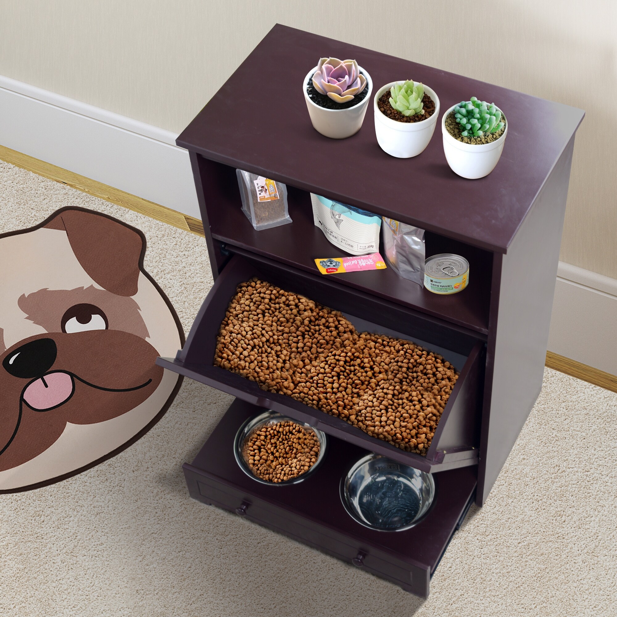 Raised Dog Bowl Stand with Dog Food Storage Cabinet, Dog and Cat