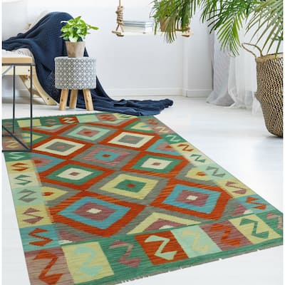 Sangat Flatweave Malyar Rust/Green Rug - 3'11" x 5'9"