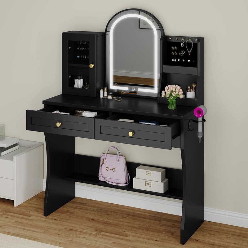 Moasis 35.5-inch Makeup Vanity Desk with Arc-Shaped Mirror and Power Outlets