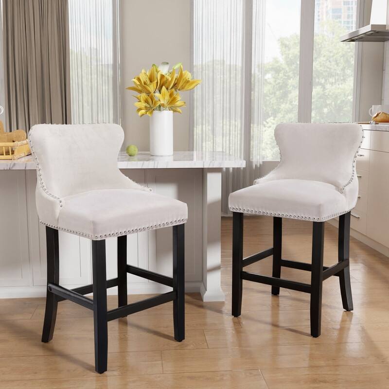 Upholstered Wing Back Bar Stools (Set of 2) - Beige Velvet