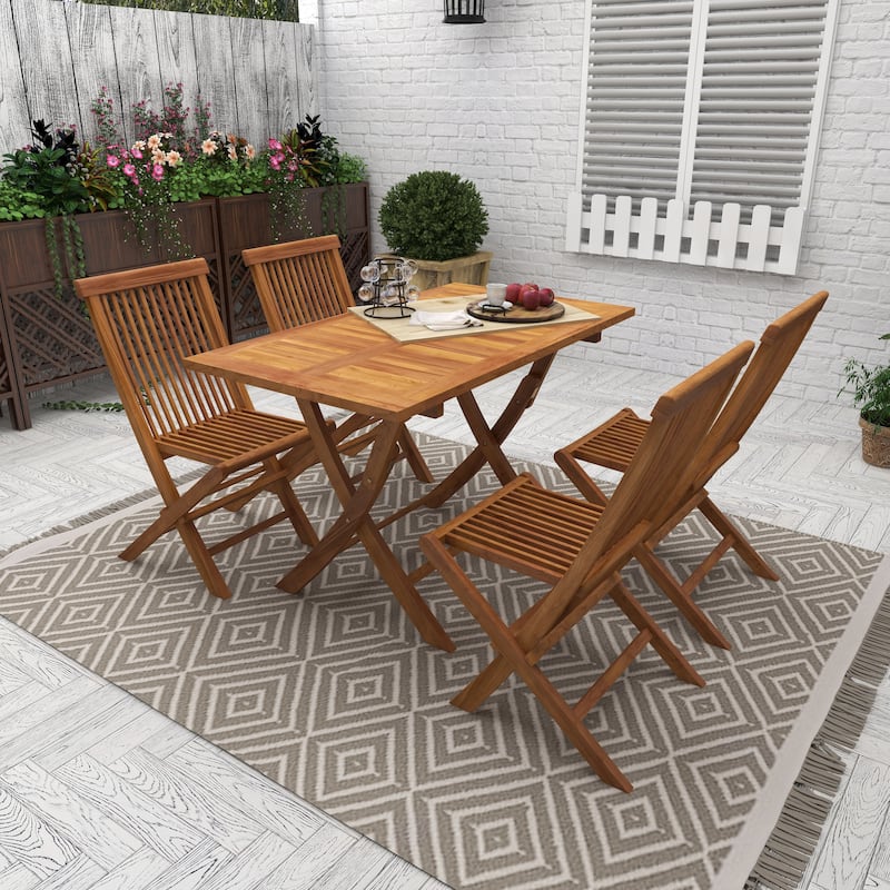 Brown Teak Wood Traditional Indoor/Outdoor Picnic Dining Table Set (Set of 5 Pieces) - S/5 47"W, 31"H (A+B)