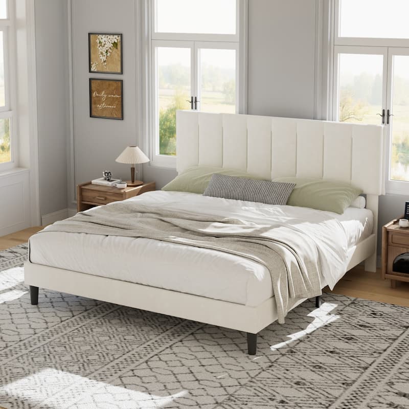 Javlergo Adjustable Height King Bed Upholstered Platform Bed 7.9" Underbed Storage No Box Spring Required Center Support Leg