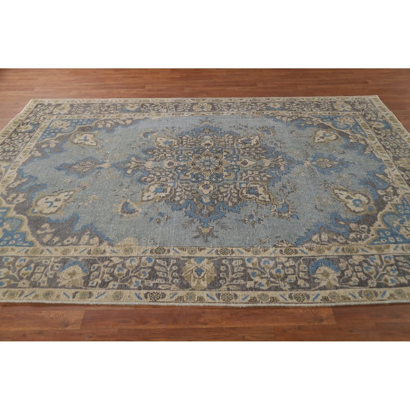 Hand Knotted Oriental 100% Wool Carpet Traditional Floral Navy Blue & Blues Tabriz Area Rug - 9' 5'' X 6' 5''