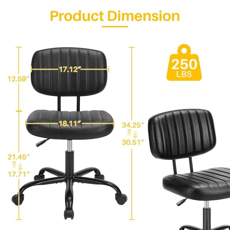 Small Armless Office Desk Chair with Wheels and Low Back Lumbar Support, Comfy Cute PU Leather Vanity Rolling Swivel Task Chair
