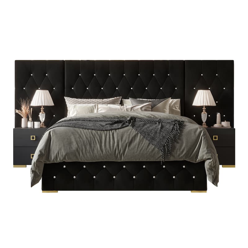 CraftPorch Luxurious Velvet Tufted Platform Bed with Wall Panels - Black - Queen