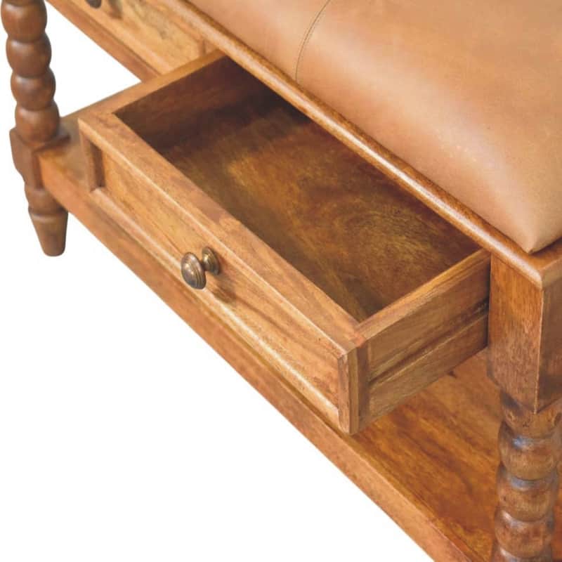 Artisan Furniture Solid Wood Leather Spindle Bench, Brown, Leather,2-Drawers, 1-Shelf