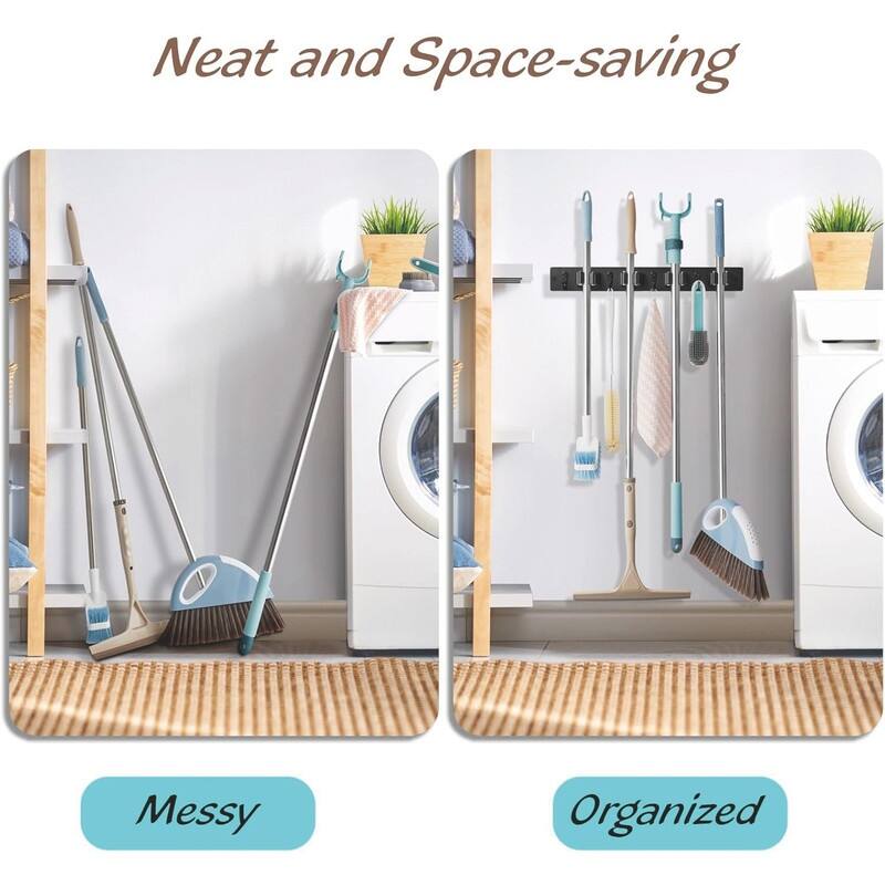 Wood Mop Broom Holder Wall Mount with 4 Slots & 4 Hooks - 1 Pack