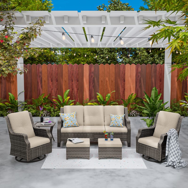 Cozywor 6-Piece Outdoor Patio Swivel Rocking Wicker Conversation Lounge Chairs with Side Table and Ottoman - Beige