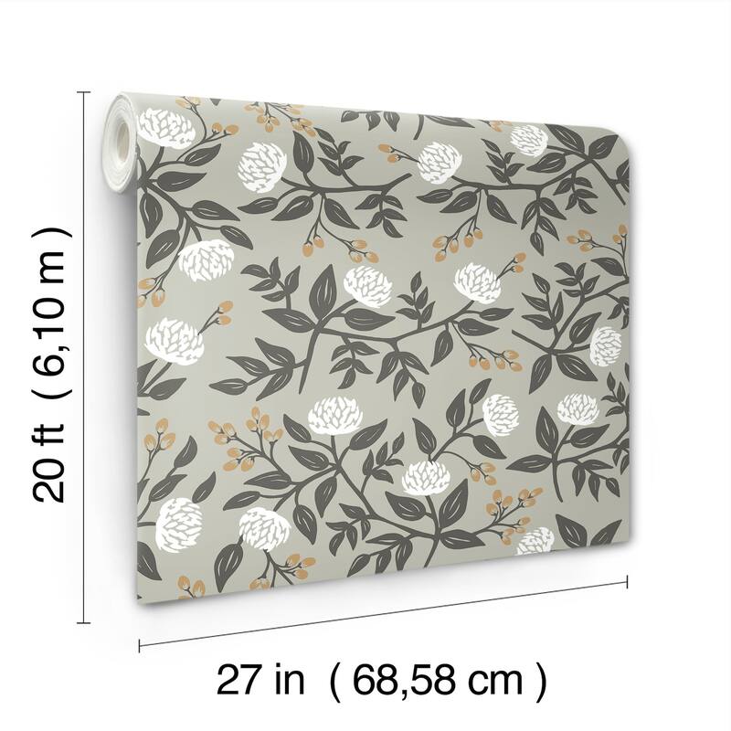 Rifle Paper Co. Peonies Grey Floral Premium Peel + Stick Wallpaper