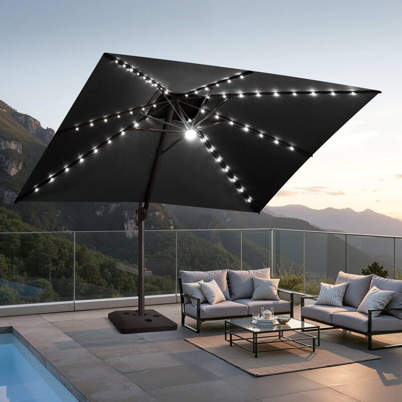 10 FT x 13 FT Outdoor Premium Solar LED Lighted Patio Cantilever Umbrella with Base