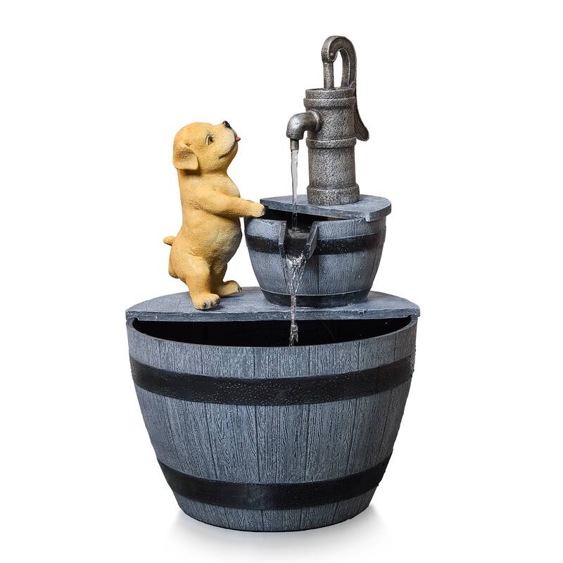 Farmhouse Tiered Outdoor Fountain – Faucet and Puppy Design, Weather Resistant Polyresin