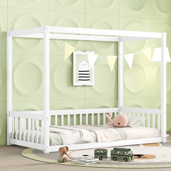 slide 2 of 10, Twin Size Canopy Frame Floor Bed with Guardrails , Elegant Wooden Design, Secure Guardrails Ensure Safety White