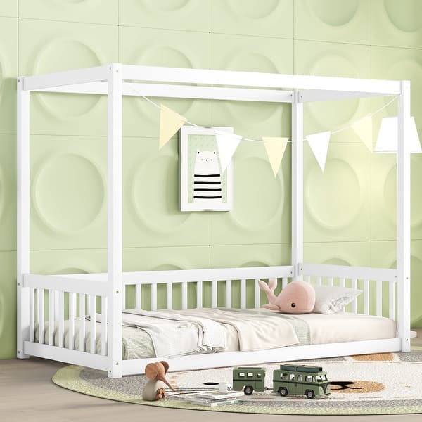 slide 2 of 30, Twin Size Pine Wood Canopy Frame Floor Bed with Fence and Guardrails for Bedroom Twin - White