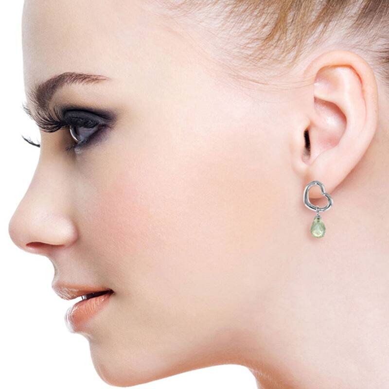14K Solid Gold Heart Earrings w/ Dangling Natural Green Amethysts