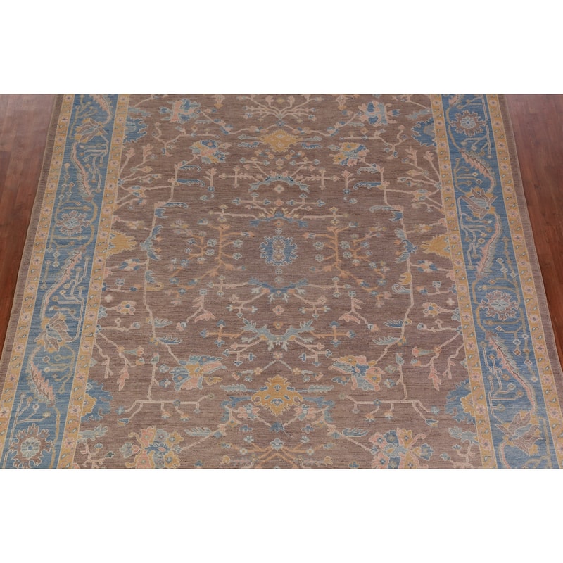 Hand Knotted Oriental 100% Wool Carpet Transitional All-Over Brown Oushak Area Rug - 12' 4'' X 9' 5''