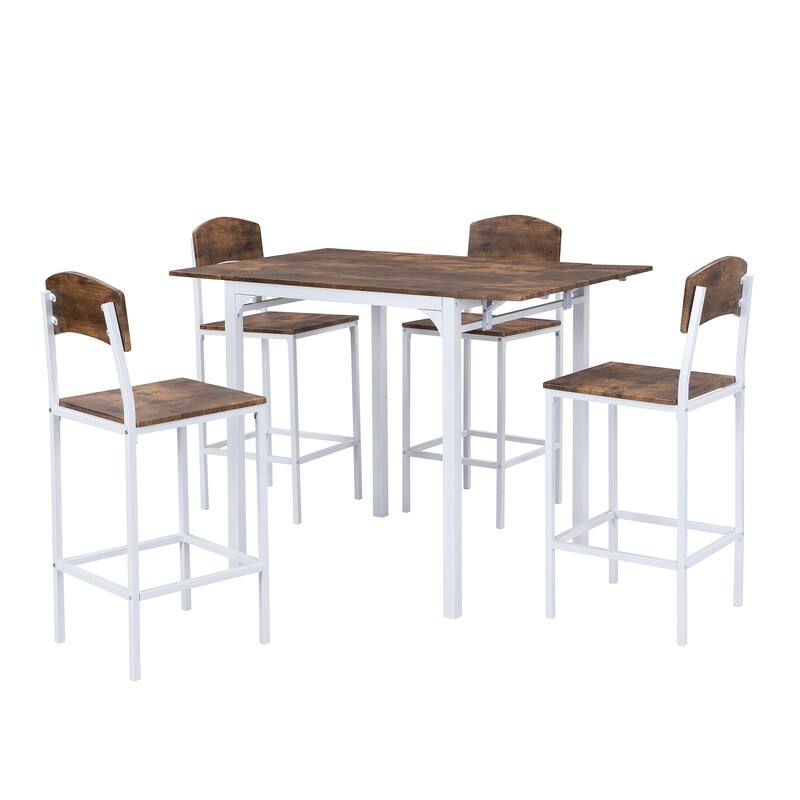 Space-Saving Farmhouse 5-Piece Drop Leaf Dining Set, Counter Height with Metal Frame and Comfortable Chairs for 4