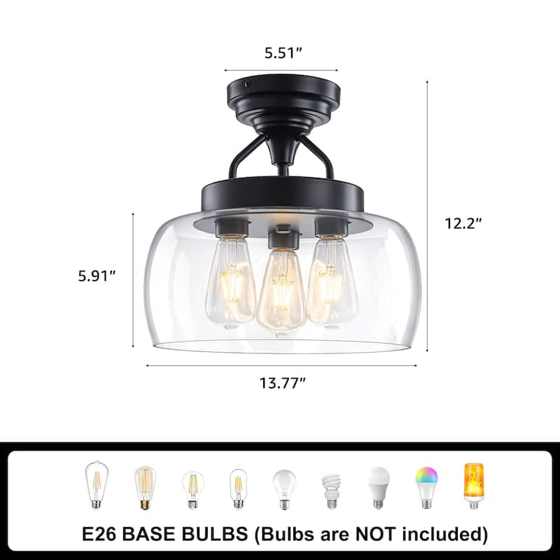 Starsky 3-Light Modern Clear Glass Dome Flush Mount Ceiling Light, Thick One-Piece Drum Shade