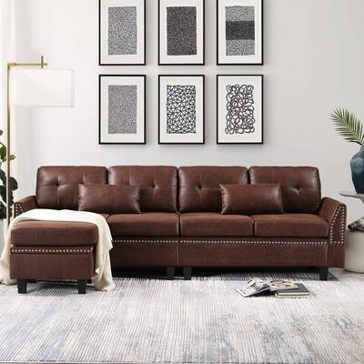 VIATOL High Back Couch Mid-century Suede Leather Wood Legs Chaise Sofa