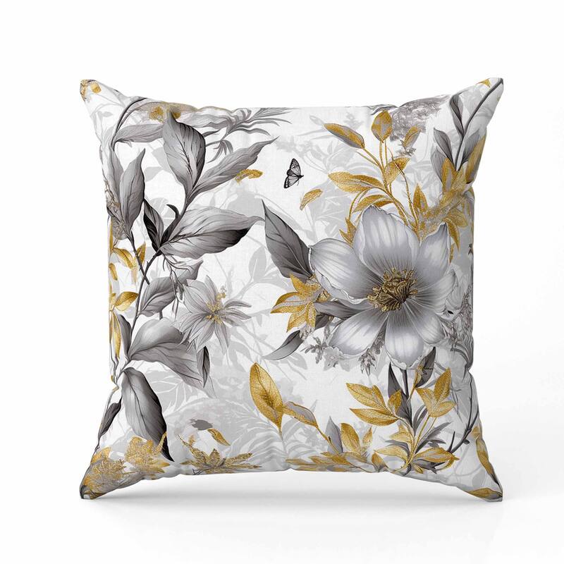 Exquisite Floral Breeze Indoor/Outdoor Reversible Throw Pillow Grey and Gold
