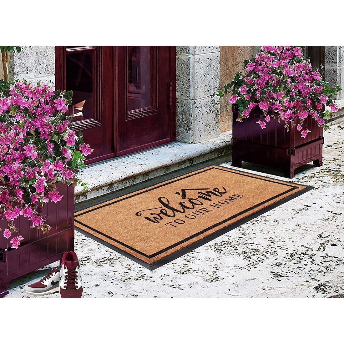 Geometric 24 X 48 P A1 Home Collections A1HOME200134-24X47.5-P A1HC Rubber & Coir Monogrammed Large Doormat 24X47.5 Black/Beige 