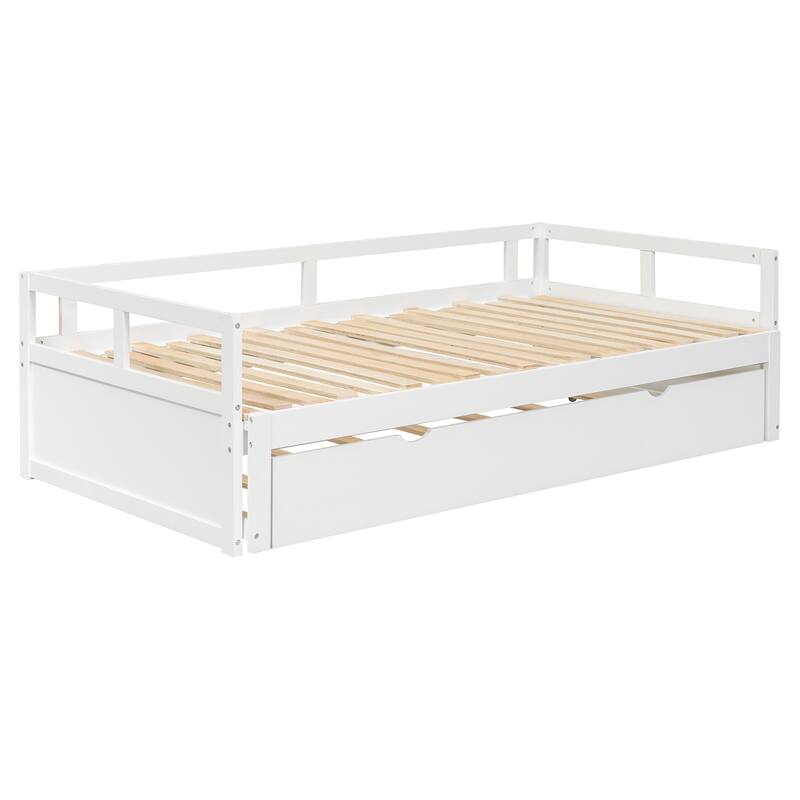 Wooden Daybed with Pull-Out Trundle, Expandable from Twin to King - White - Twin