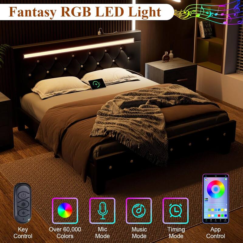 Queen Size Bed Frame with LED Light and Charging Station, Platform Bed with Handcrafted Crystal Button Adjustable Headboard