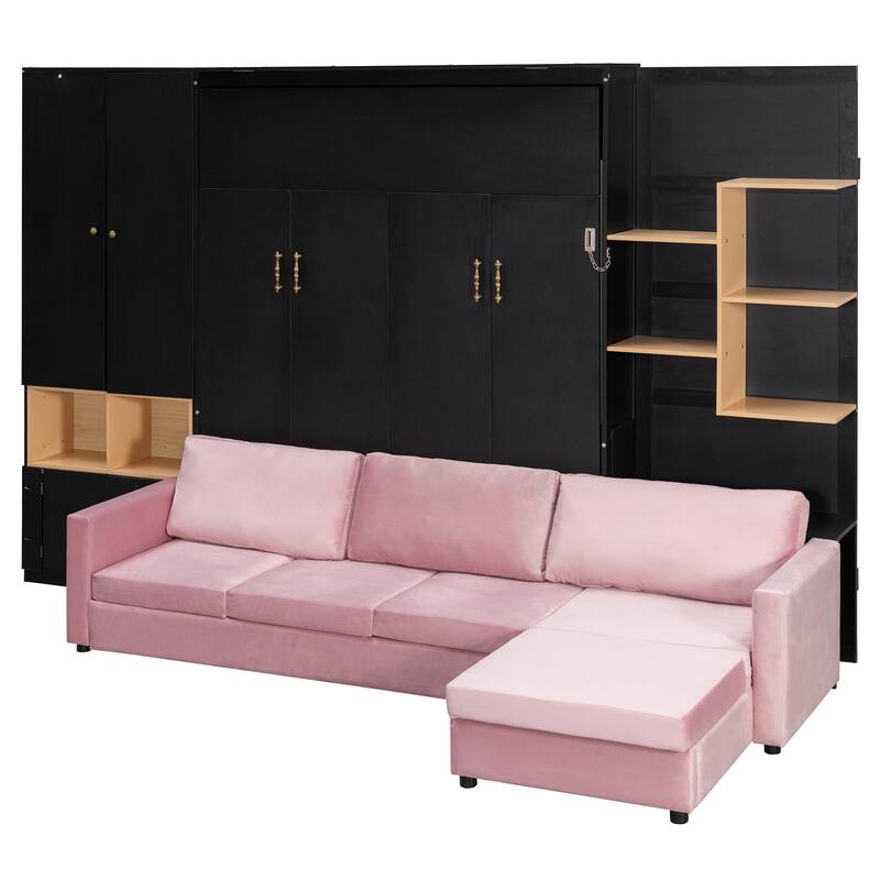 Modern Queen Murphy Bed with Sofa & Storage Shelves, Space-Saving Wall Bed with Integrated LED Lights