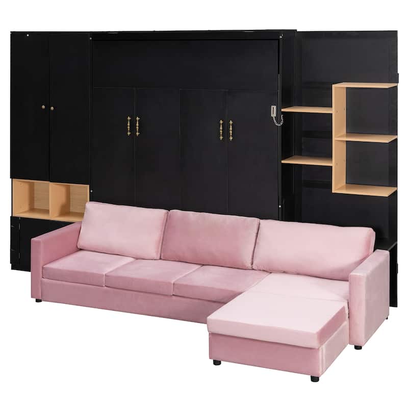 Queen Murphy Bed with Sofa and Cabinets Space Saving Sofa Wall Bed with Open Shelves and Dual Lights for Living Room Guest Room