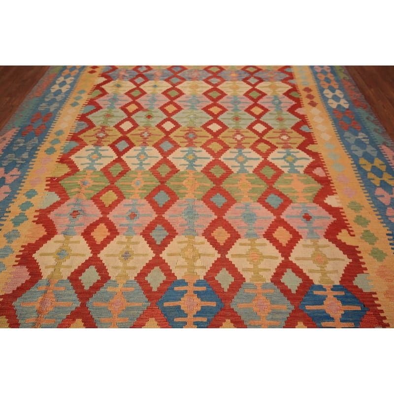Geometric Kilim Oriental Area Rug Multi-Color Flatweave Wool Carpet - 8'4" x 11'10"