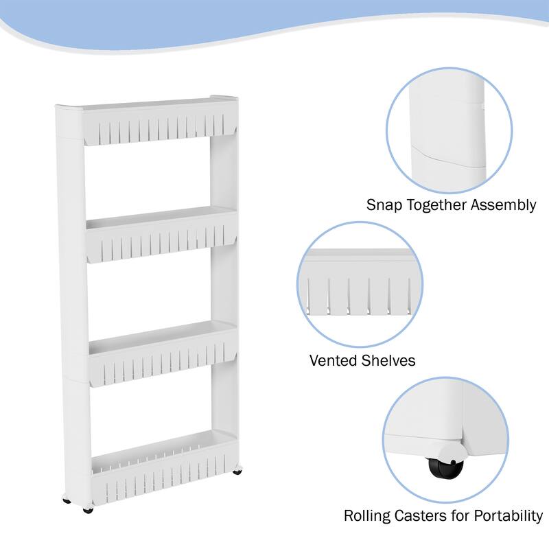 4-Tier Storage Organizer Rack - Plastic Rolling Cart by Everyday Home (White)
