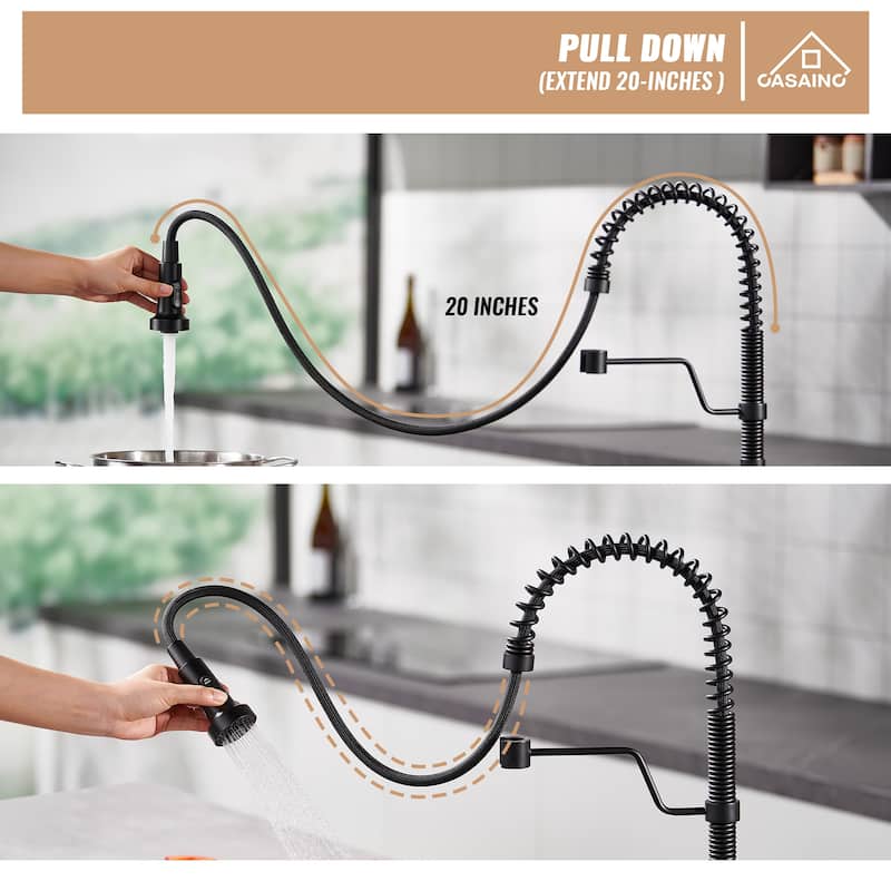 Farmhouse/Apron-Front Single Bowl Fireclay Kitchen Sink with 3-Function Pull-Down Faucet, Bottom Grid, and Basket Strainer