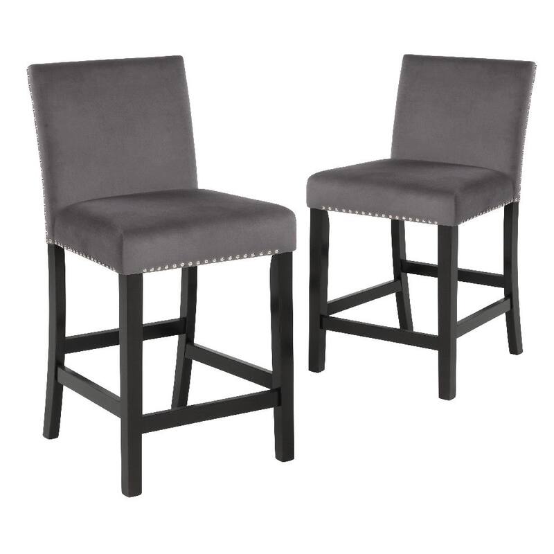 40 Inch Set of 2 Wooden Counter Height Chair with Velvet Seat and Nail-Head Trim Details - 18.75” L x 22.25” W x 39.5” H - Grey