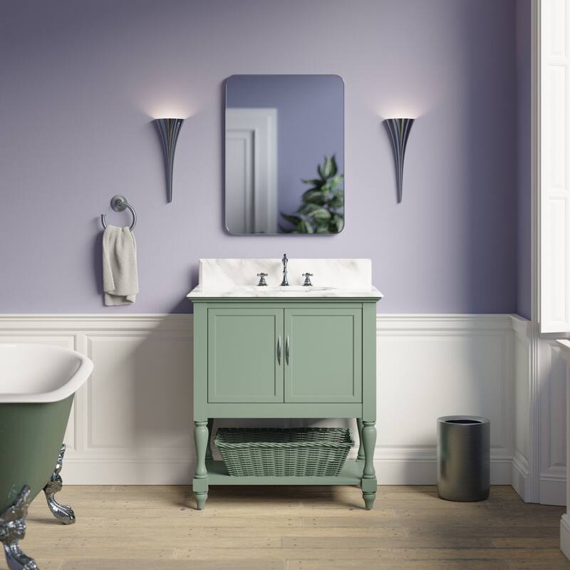 KitchenBathCollection Beverly 30" BathroomVanity w/ Carrara Marble Top - Sage Green
