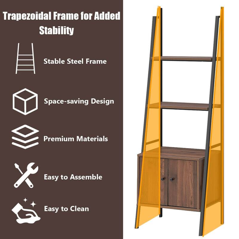 3-Tier Ladder Shelf Metal Frame Bookcase with Cabinet for Storage - 20.5" x 15.5" x 63"